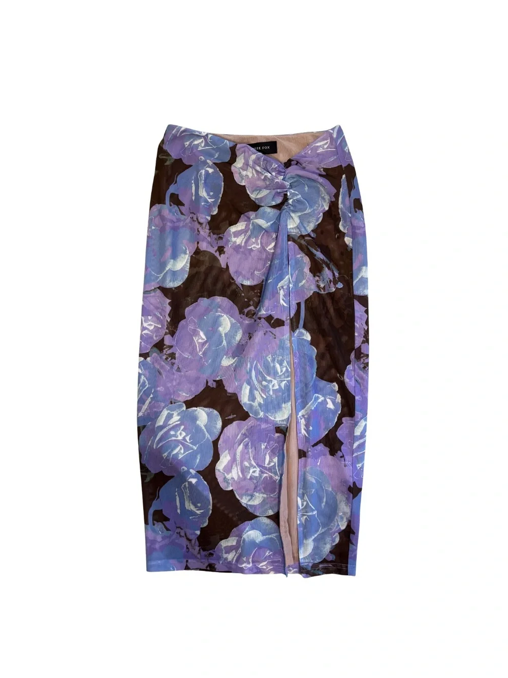 White Fox XS Purple Floral Mesh Wrap Midi Skirt Side Slit Y2K Vacation Beach